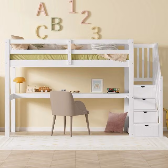 Letto a soppalco MIVRAY con scrivania e scala contenitore in legno e MDF bianco, dimensioni 90 x 200 cm