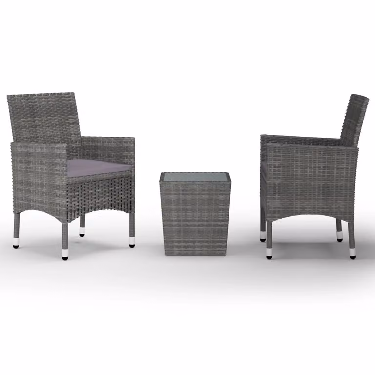 Set Bistrot Giardino 3 pz Polyrattan e Vetro Temperato Grigio
