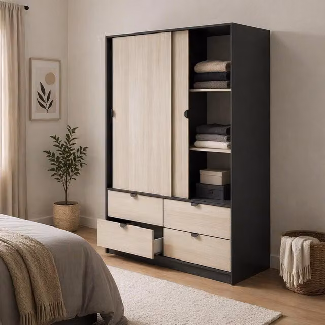 Armadio da camera DMORA con ante scorrevoli, cassetti integrati e appendiabiti, finitura rovere antracite e marrone, L: 60 cm, H: 200 cm