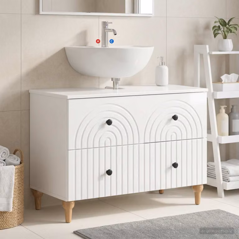 Armadio per lavabo da bagno vidaXL ALKMAAR bianco lucido con ante e cassetti