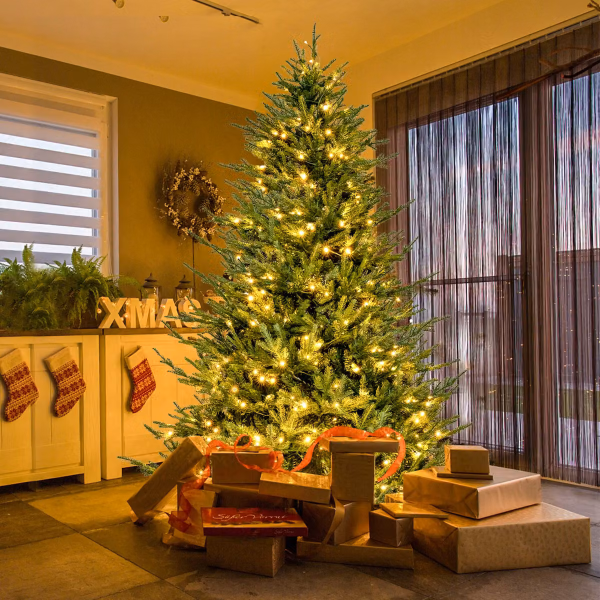 Albero di Natale Artificiale Costway Verde con 1130 Rami in PE e PVC, Altezza: 213 cm