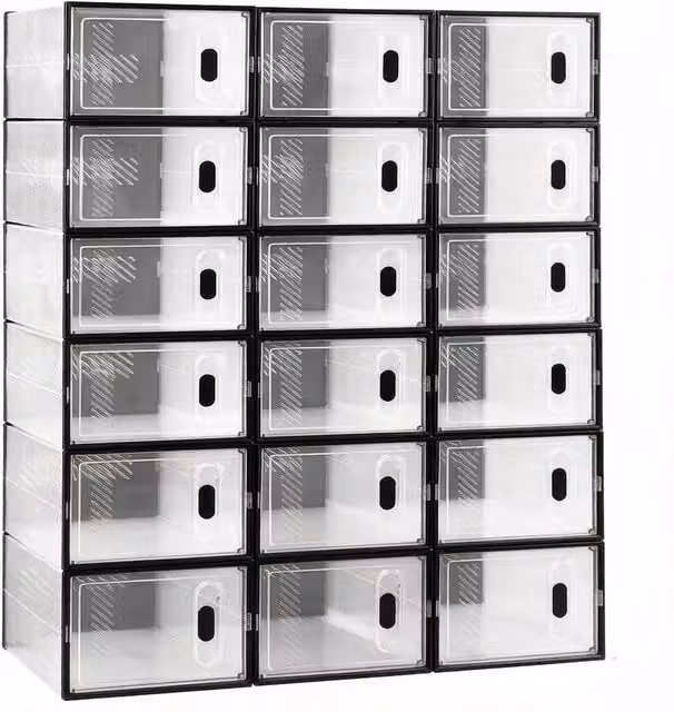 Set di 18 Scatole Impilabili per Scarpe in Plastica Trasparente con Telaio Rinforzato 25x18,5x35,5 cm