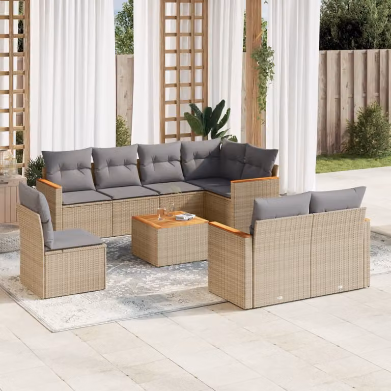 vidaXL Set Divano da Giardino a L 9 pz con Cuscini Beige e Grigio in Polyrattan e Acciaio