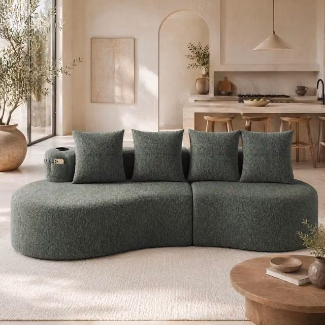 Divano Mivray moderno in tessuto verde con cuscini decorativi e portabevande per il tuo soggiorno L: 240 cm, P: 60 cm, H: 60 cm – 1