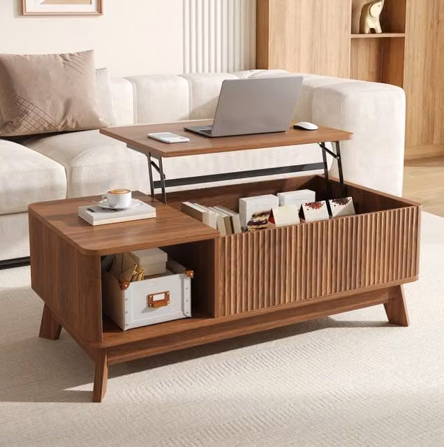 Tavolino da caffè MODFU rettangolare in MDF con meccanismo sollevabile, colore marrone, L/P/H: 95 x 48 x 50 cm