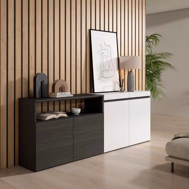 Credenza, Mobile, 200x35x75cm, 4 Porte, grande stoccaggio, Bianco e nero RF2399