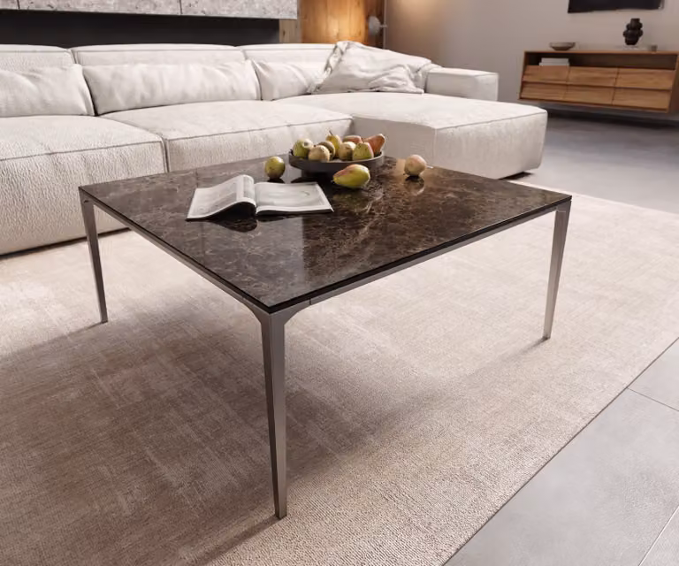 DELIFE Tavolino Levente 85x85 cm Vetroceramica Emperador Extra Lucidato Marrone scuro Struttura in acciaio inossidabile argento