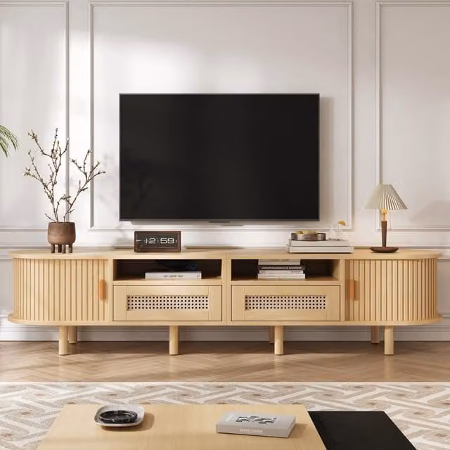 Mobile TV Lowboard MINIMAL in legno e rattan beige con 2 ante scorrevoli e 2 cassetti L: 170 cm, P: 40 cm, H: 40 cm