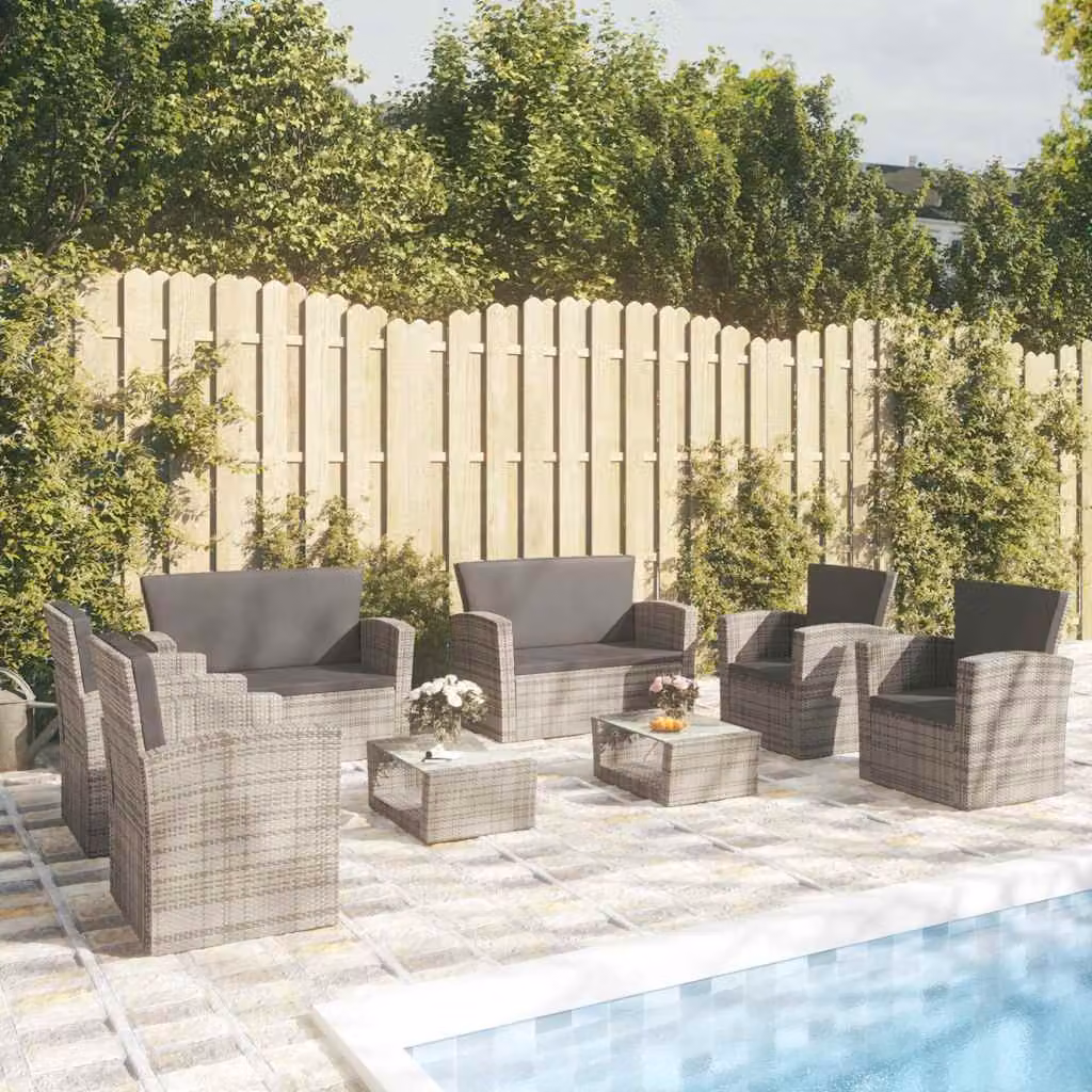 Set da giardino moderno vidaXL in rattan grigio con divano a 2 posti, tavolino da caffè e cuscini inclusi