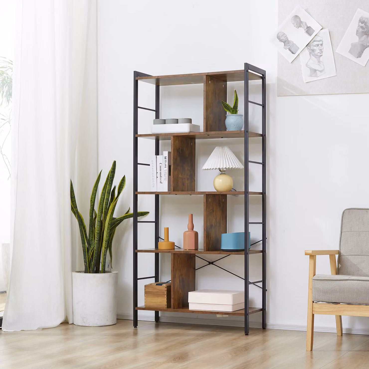 Libreria Industriale HOMCOM con 5 Ripiani e Scomparti Aperti, Marrone Rustico e Nero – 2