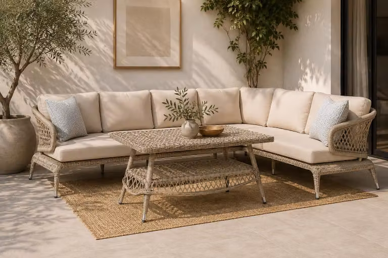 Set di mobili da giardino, divano angolare a forma di L, moderno, color beige, per terrazza