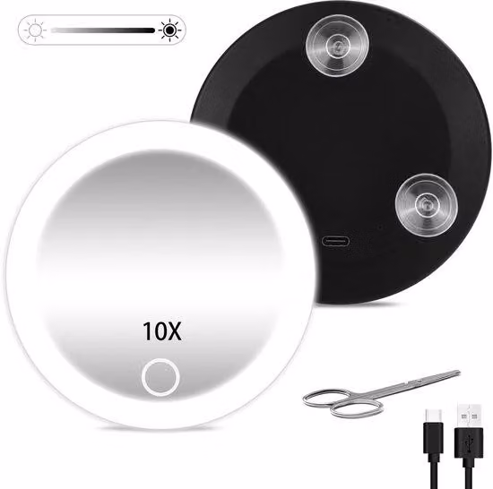 Specchio da viaggio con luce, 10,16 cm, zoom 3x, illuminazione a LED, intensità regolabile