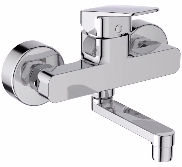 Miscelatore per lavabo, montaggio a parete, cromato, con bocchetta di 148 mm, portata di 12 litri/minuto