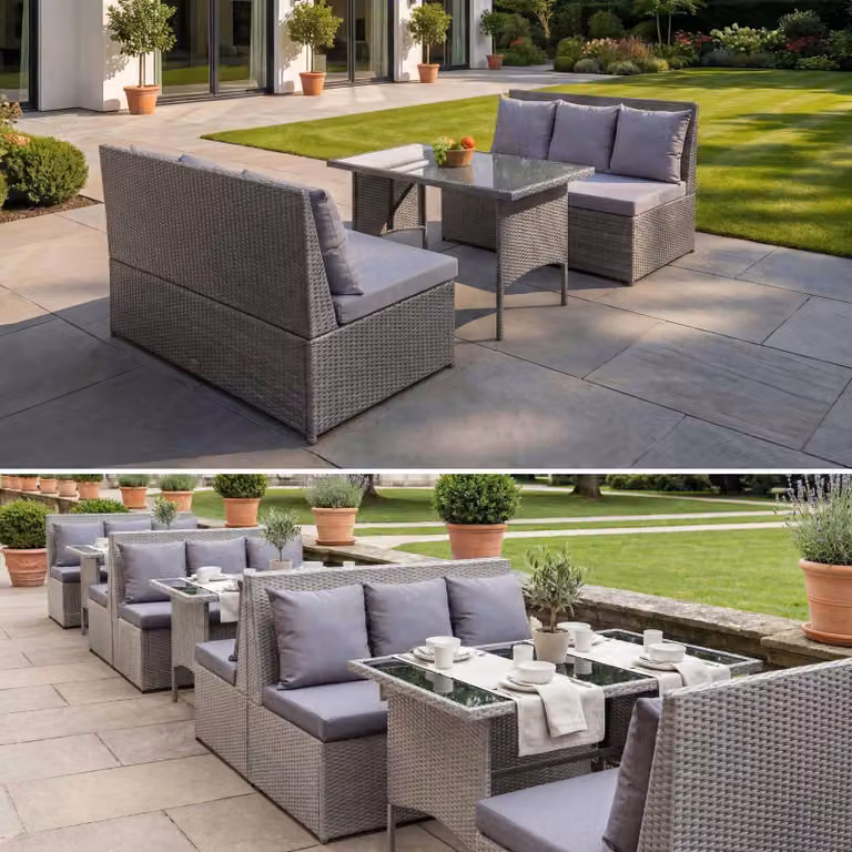 Set in polyrattan MCW-G16, set da giardino/lounge, set da pranzo, ristorazione 2 divani da 2 posti Tavolo ~ grigio, cuscini grigio scuro