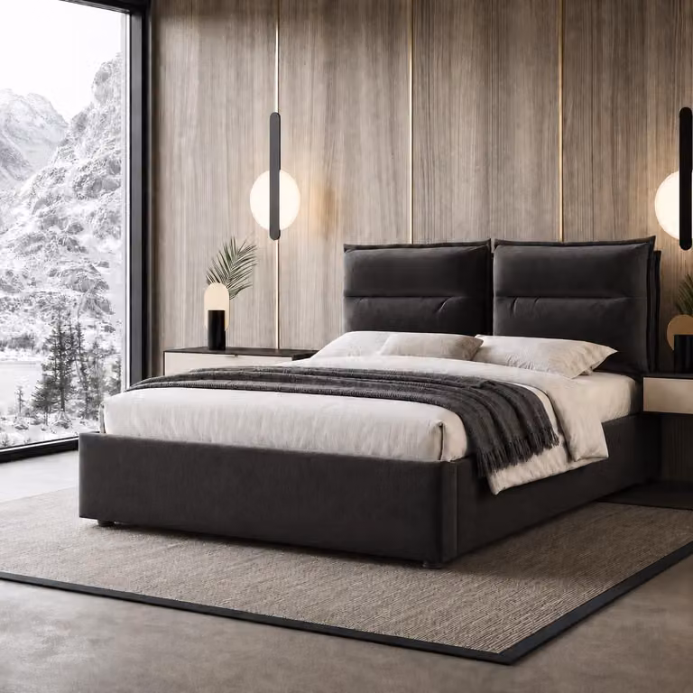 Letto imbottito 140x200 cm con spazio contenitore a sollevamento idraulico, poggiatesta regolabile in altezza, rivestimento in velluto e contenitore a cassetti, colore nero, senza materasso