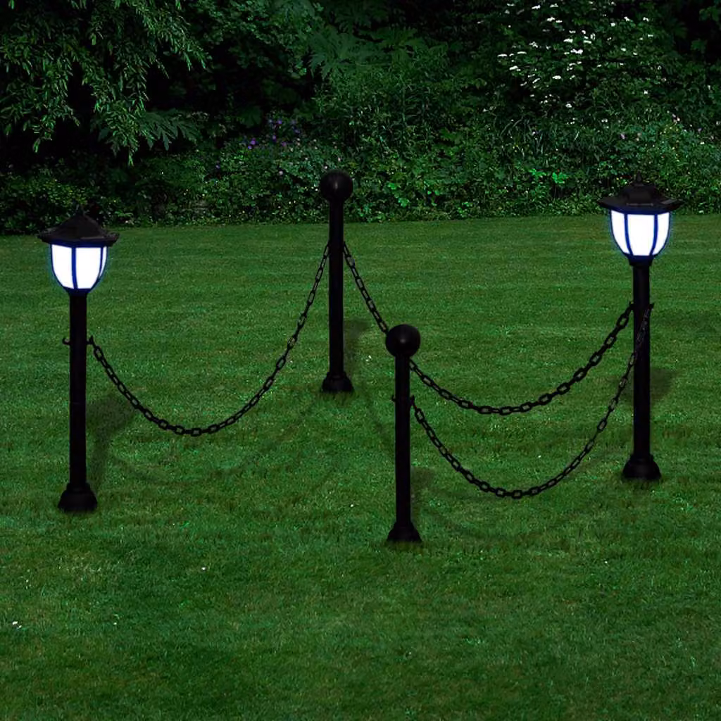 vidaXL Set Recinzione a Catena con 2 Lampioncini a LED Solari e 2 Paletti, Colore Nero/Grigio
