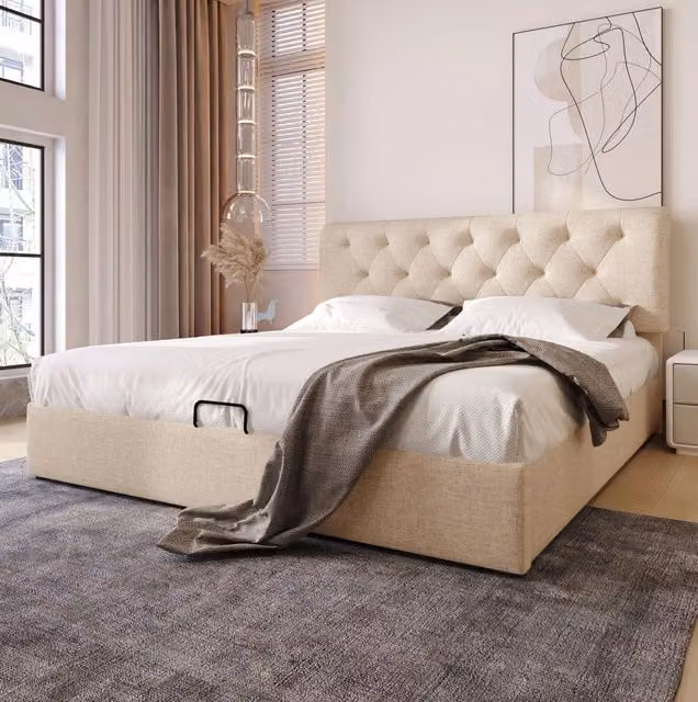 Letto contenitore ULEVR 140x200 cm con materasso a molle incluso, testiera regolabile e sollevamento idraulico, naturale