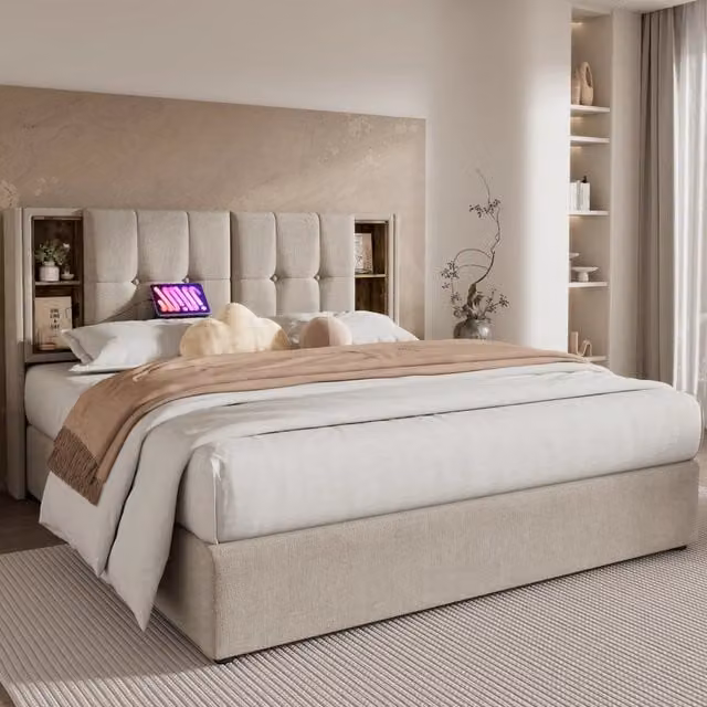 Letto imbottito moderno con contenitore, porta USB e scomparti laterali, beige, L 140 cm x P 200 cm – 1