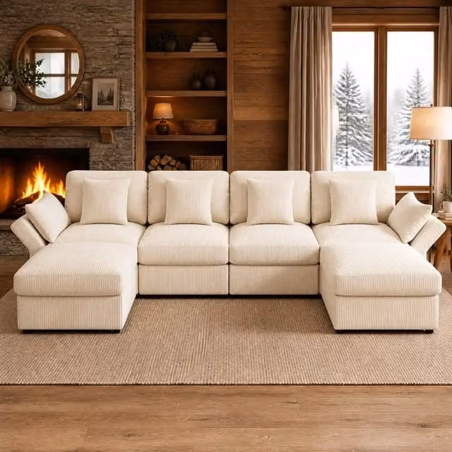 Divano angolare modulare REDOM in velluto a coste beige, modello moderno a L con poggiatesta regolabile e cuscini coordinati, L/P/H: 290 x 159,5 x 89 cm