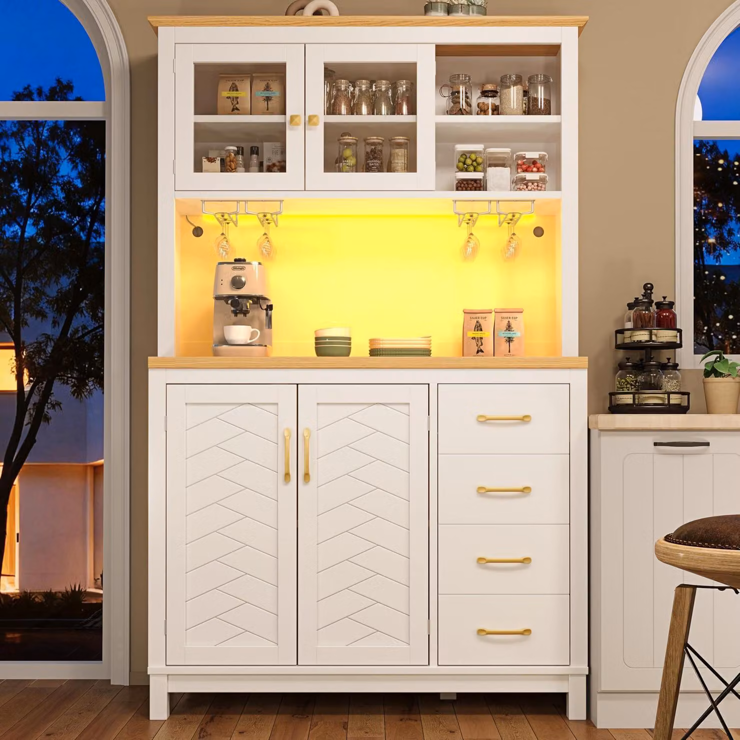 Armadio alto da cucina con illuminazione a LED e piano di lavoro, dimensioni 140x40x185,7 cm, colore bianco