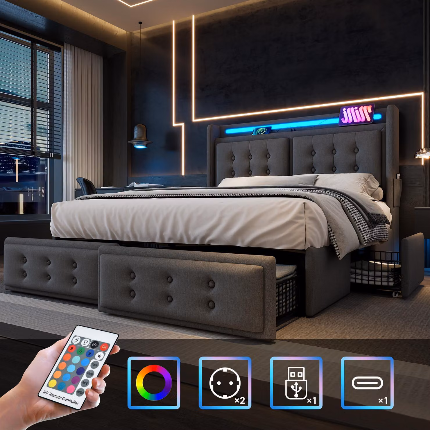 Letto imbottito 140x200, letto matrimoniale con poggiatesta in ecopelle, dotato di funzione di ricarica USB-C e 4 cassetti. Letto contenitore con rete a doghe in legno e struttura in metallo