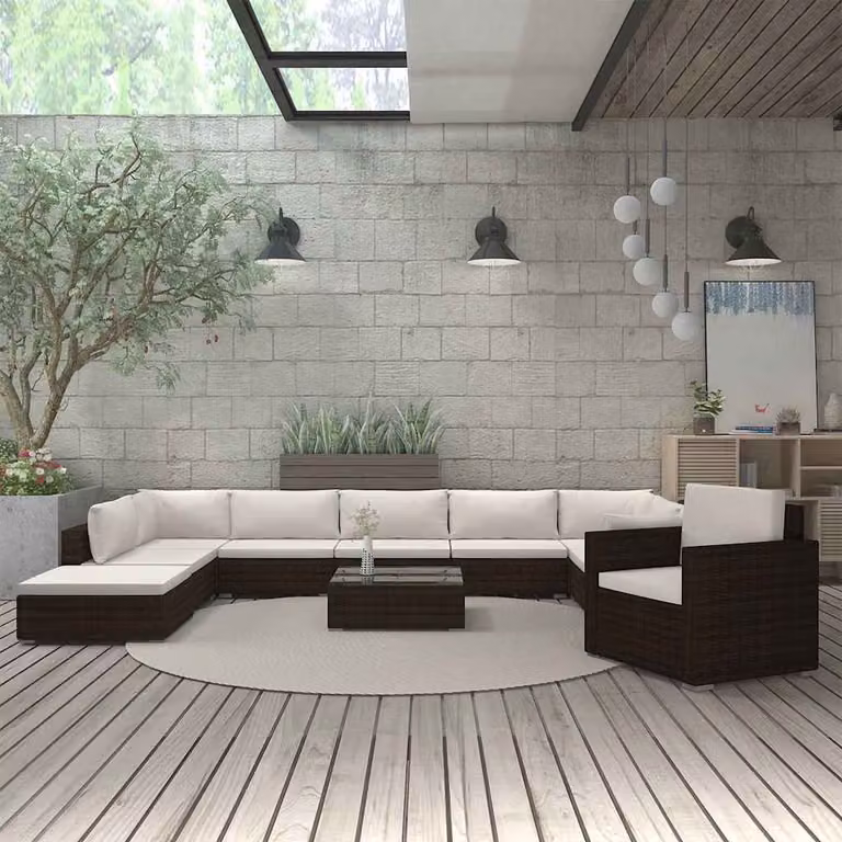 Set di divani da giardino vidaXL 11 pezzi in rattan marrone con cuscini beige e tavolino da esterno