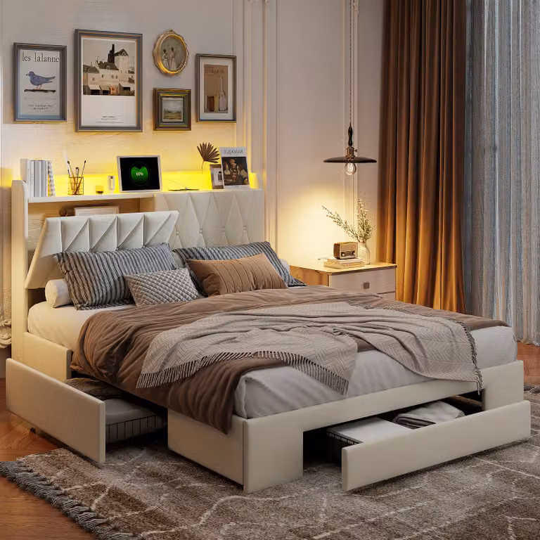 letto matrimoniale 160x200 con cassetti, letto imbottito, testata contenitore, testata aperta, ricarica USB, LED regolabile, velluto, beige
