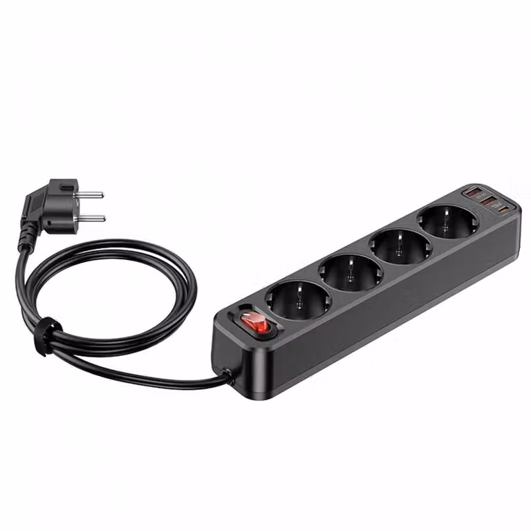 HOCO Presa a 4 vie + 2 x USB QC3.0 18W + PD di tipo C 20W Nero