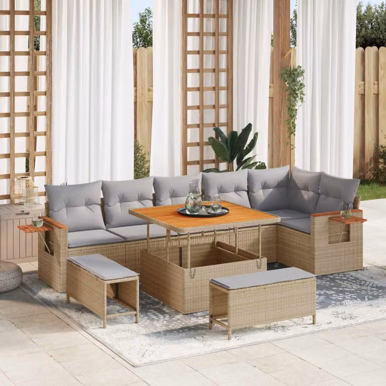 Set Divano da Giardino Moderno vidaXL 9 Pezzi Beige con Cuscini e Tavolino da Esterno in Polyrattan e Metallo