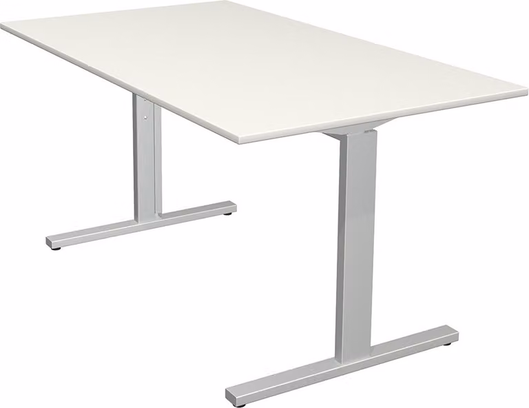 Scrivania Kerkmann Form 2 140x80x70-82 cm, base a T, argento alluminio, bianco