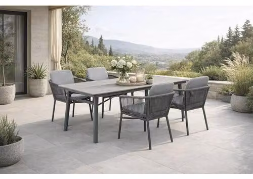 Set di sedute Destiny LIMONE SAN MARINO 4 poltrone impilabili + 1 tavolo 180x90x74 cm, rettangolare, grigio