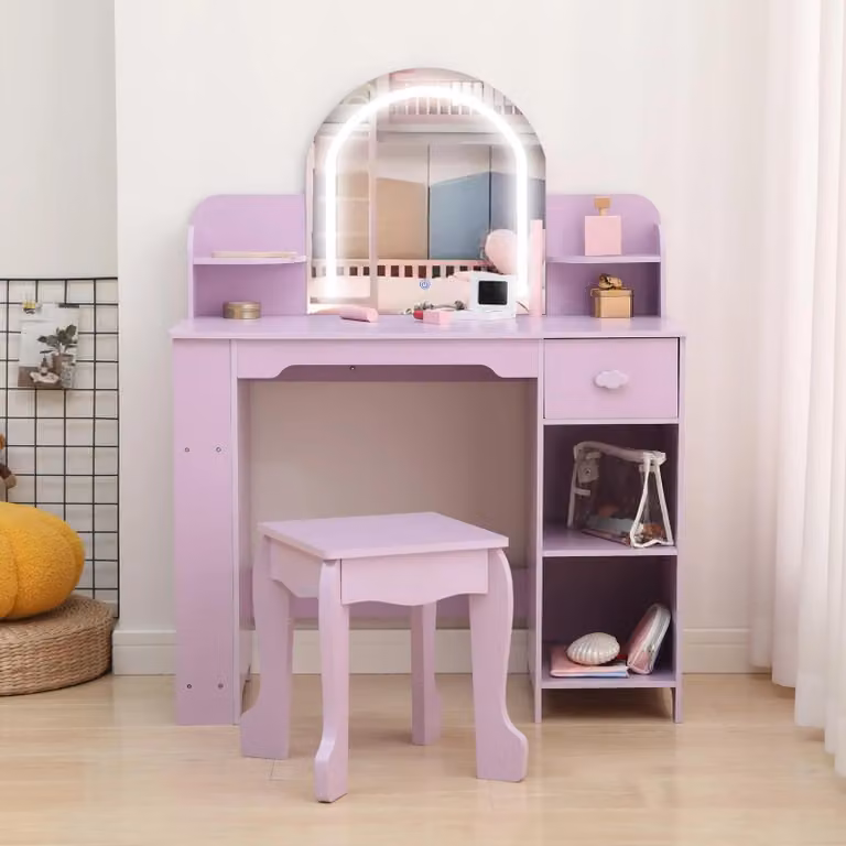 Comò da trucco per bambine - Set da trucco con sgabello - Specchio touch LED - 3 modalità di illuminazione regolabile - Spazio contenitivo - Colore lilla, completo di accessori