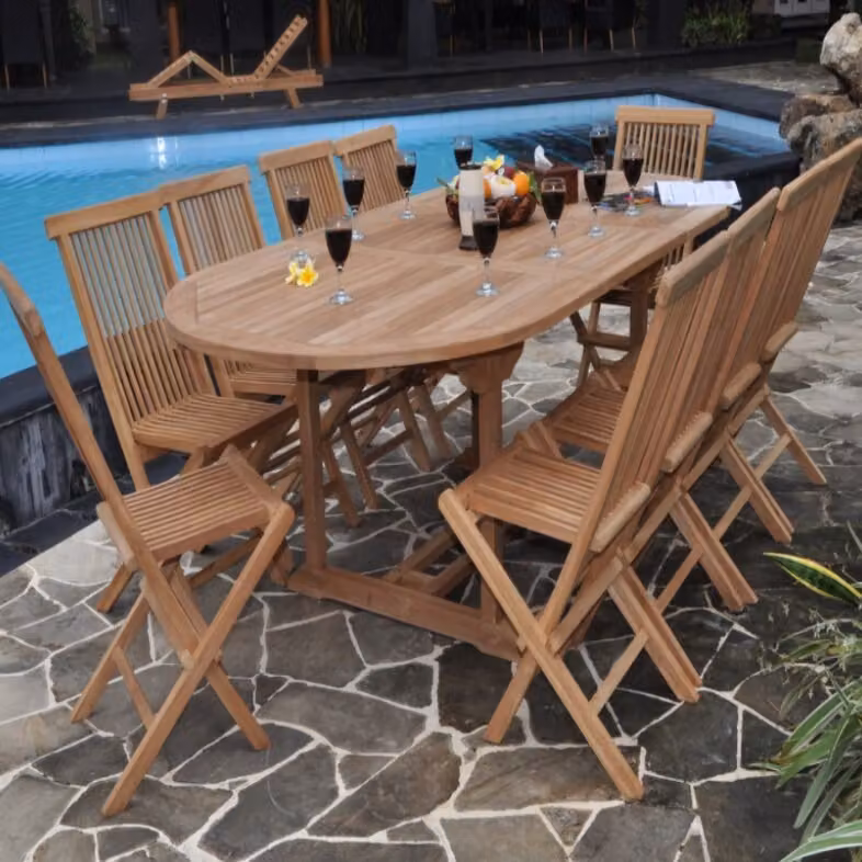 Sitzgruppe Teak 8 Klappstühle Alessandria + Ausziehtisch Parma 180-240 x100cm