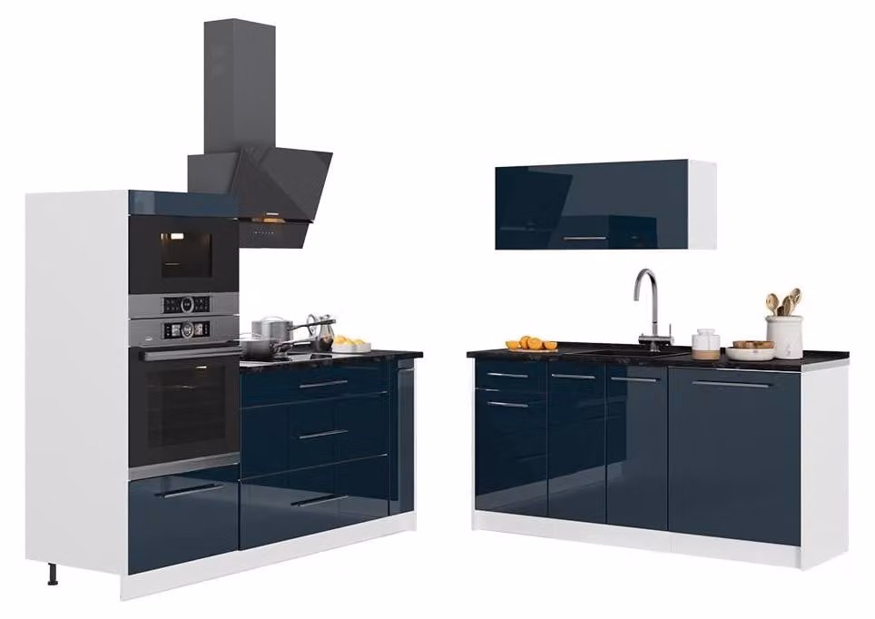 Cucina Vicco Fame-Line Blu scuro lucido/Bianco 340 cm, PL Rovere, Model 63738