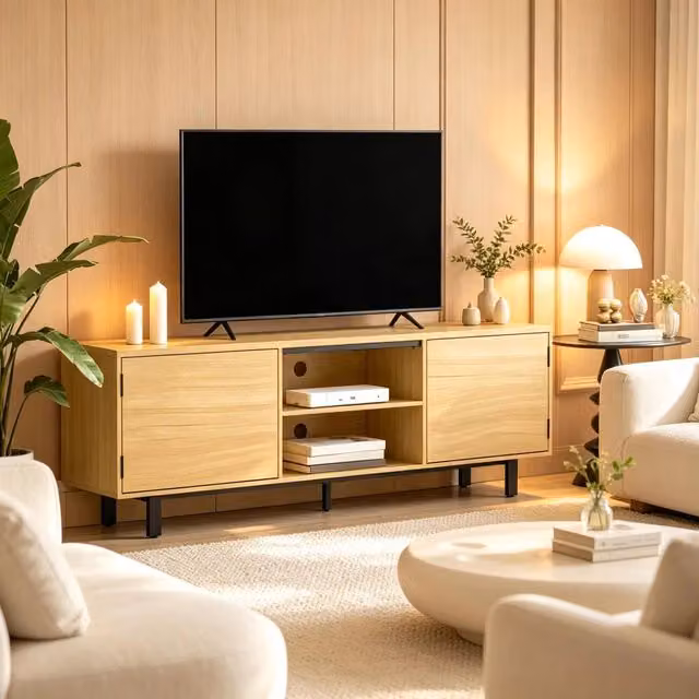 Mobile TV REDOM moderno in legno naturale e nero L: 160 cm, P: 35 cm, H: 55,5 cm