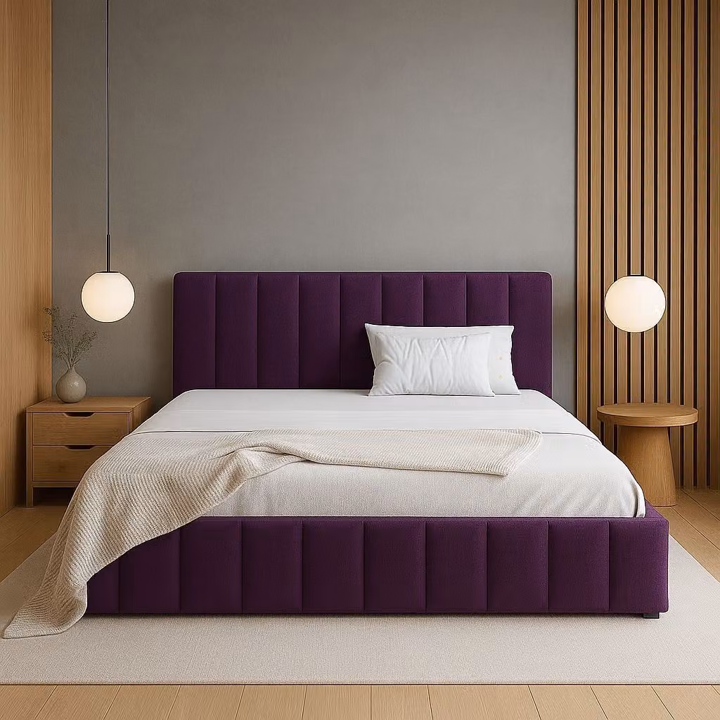 GUTTO Letto imbottito 200 x 200 con griglia metallica Letto matrimoniale Zona notte con contenitore Colore prugna Letto in velluto