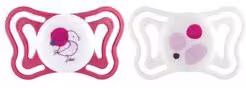 Set di 2 succhietti ortodontici Chicco in silicone per bambini da 6 a 18 mesi, rosa e bianco, senza BPA