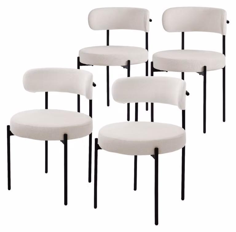 Sedia da pranzo - Set di 4 - Rivestimento in tessuto teddy - Bianco - Gambe in metallo nere - Sedia da soggiorno