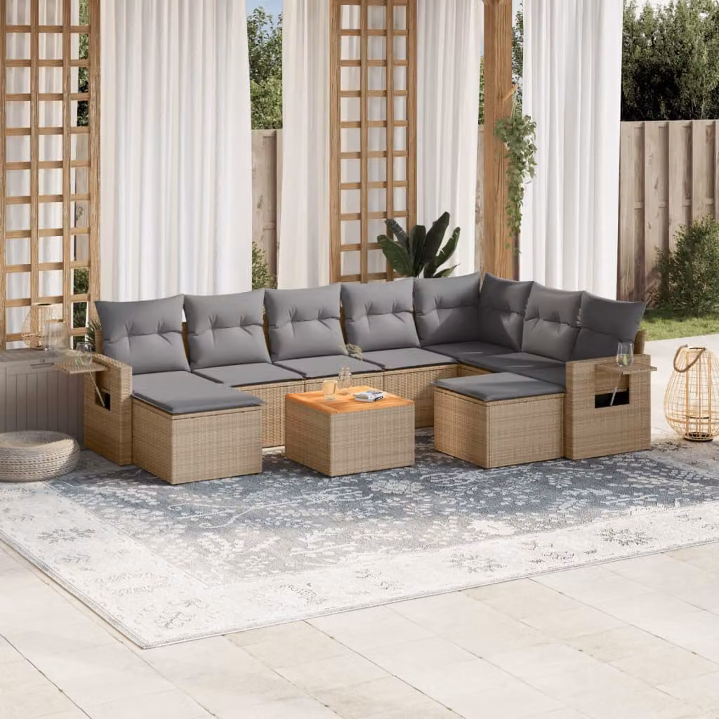 vidaXL Set Divano da Giardino 10 pz in Polyrattan con Cuscini Beige e Grigio per Esterno – 1
