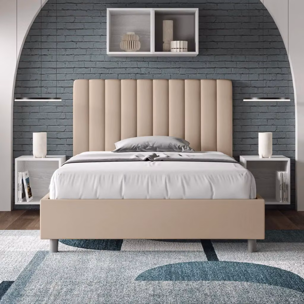 Letto matrimoniale moderno Giordanoshop con contenitore a sollevamento e struttura imbottita beige L 122 cm x P 230 cm x H 135 cm – 2