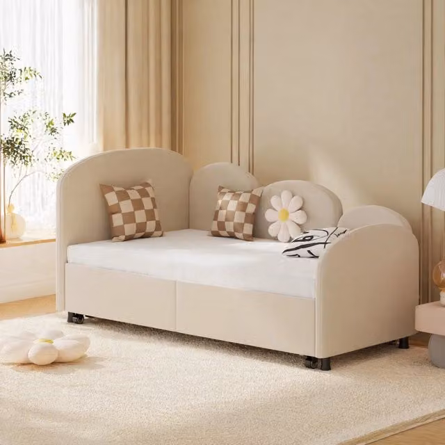 Letto a forma di fiore REDOM in velluto beige con cassetti per cameretta dei bambini L/P: 90 x 200 cm