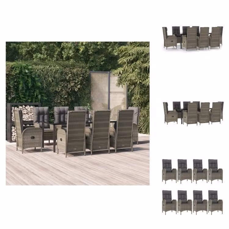 vidaXL set da pranzo da giardino 9 pezzi con cuscini in poly rattan nero e grigio - Set di mobili da giardino