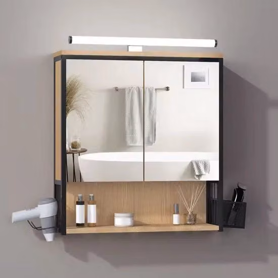 Cassa da bagno MERKLOOS in legno di quercia con illuminazione, alluminio e plexiglas, colore marrone e nero, L: 56 cm, P: 64.5 cm, H: 14.5 cm
