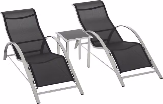 Set di 2 Sdraio da Giardino Outsunny con Tavolino in Vetro, Lettini Prendisole in Tessuto Traspirante Nero e Grigio, L/P/H: 169 x 59 x 66 cm – 1