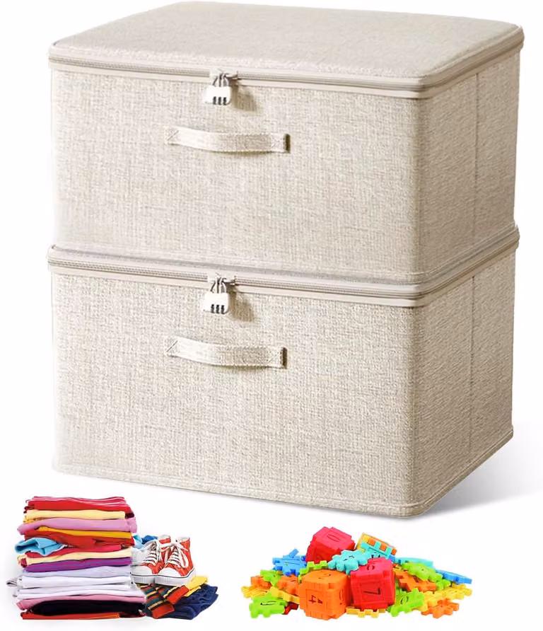 Scatole di stoccaggio con coperchio, 2 pezzi, tessuto beige, 30 x 20 x 14 cm, ideali per riporre vestiti