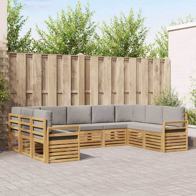 Set di divani ad angolo vidaXL in legno di acacia massello con cuscini marroni e grigi per giardino e terrazzo