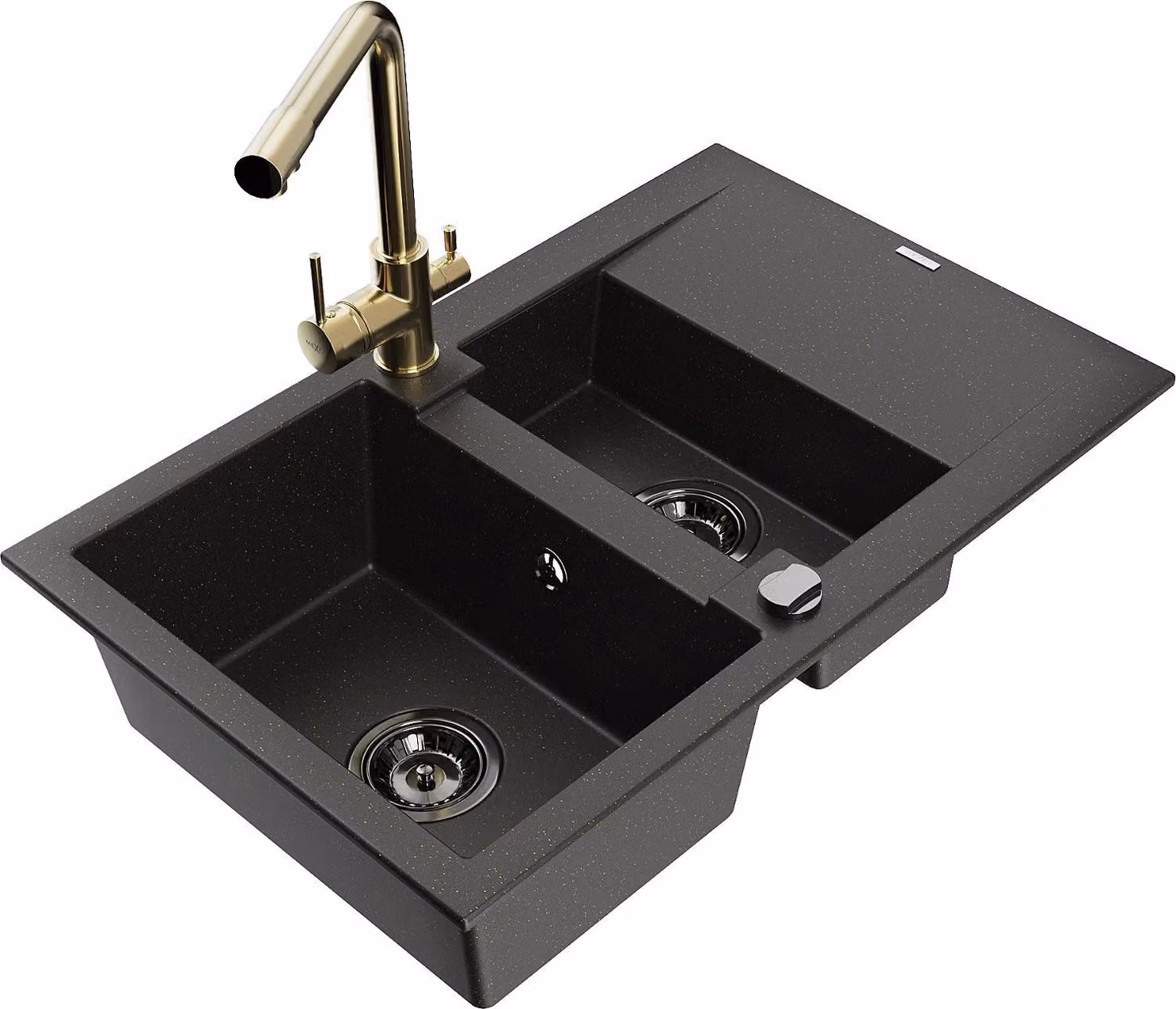 Mexen Gaspar lavello in granito a 1,5 vasca con scolapiatti e rubinetto cucina Duero, nero/oro - 6507-75-671600-50-B