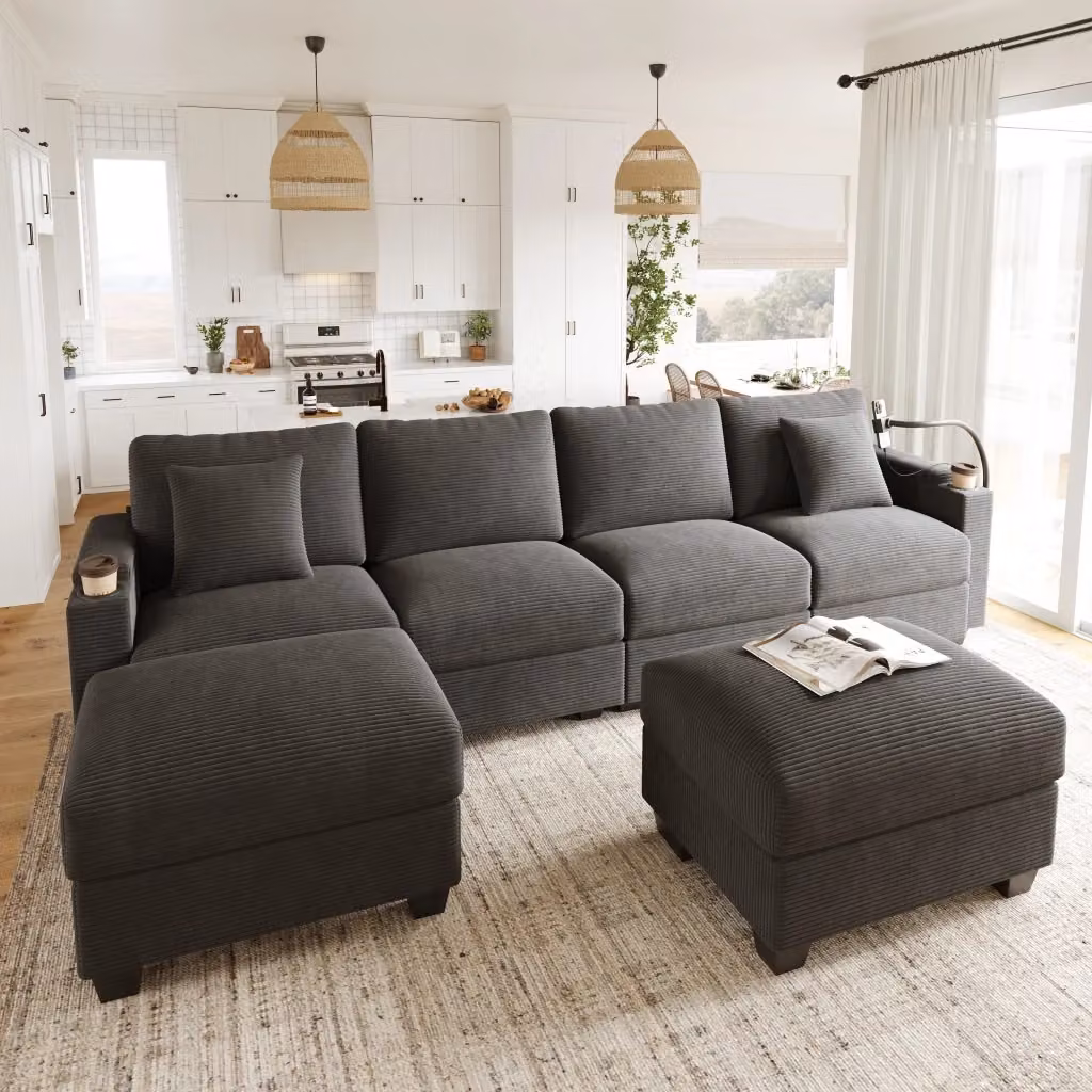 Divano panoramico modulare MIVRAY in velluto a coste grigio con funzione letto, poggiapiedi, porta bicchieri e ricarica USB, forma a U L: 275.5 cm, P: 139 cm, H: 87 cm – 2