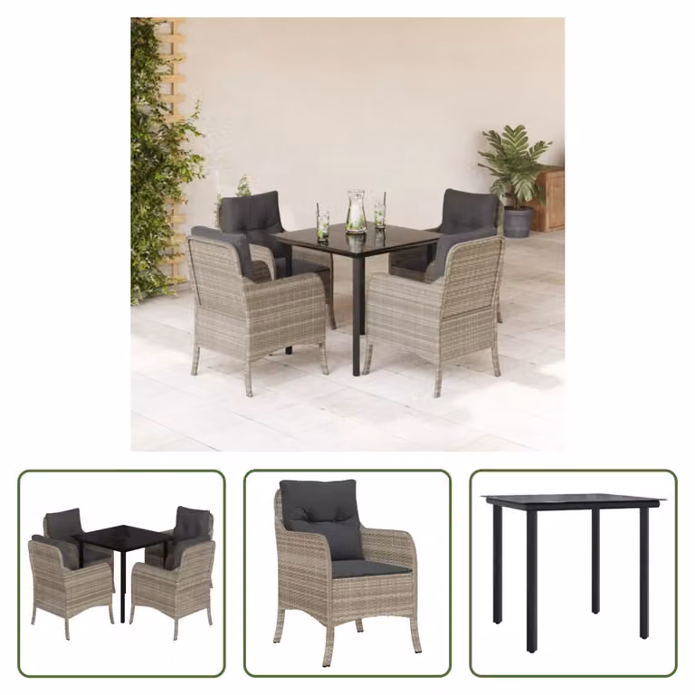 The Living Store Set da pranzo da giardino 5 pezzi con cuscini in rattan grigio chiaro
