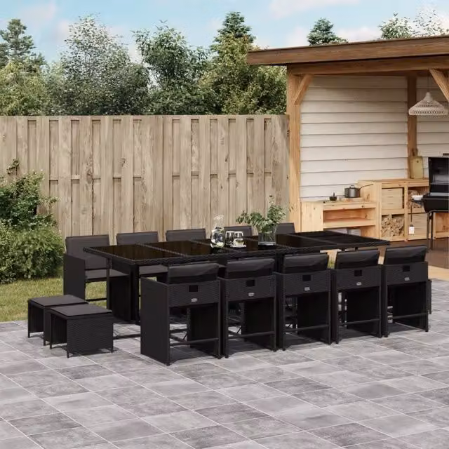 Set da pranzo da giardino vidaXL in polyrattan nero con cuscini e tavolo in vetro, 15 pezzi